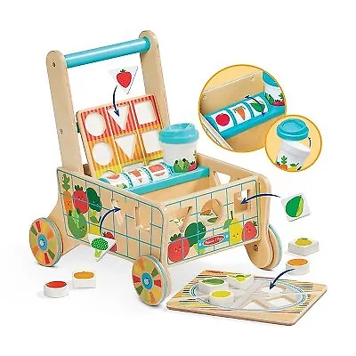 Melissa & Doug Wooden Shape Sorting Grocery Cart Push Toy and Puzzles