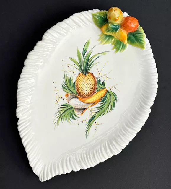 Vintage Italian Majolica Leaf Shaped Serving Fruit Tray Yellow Green 16” Platter