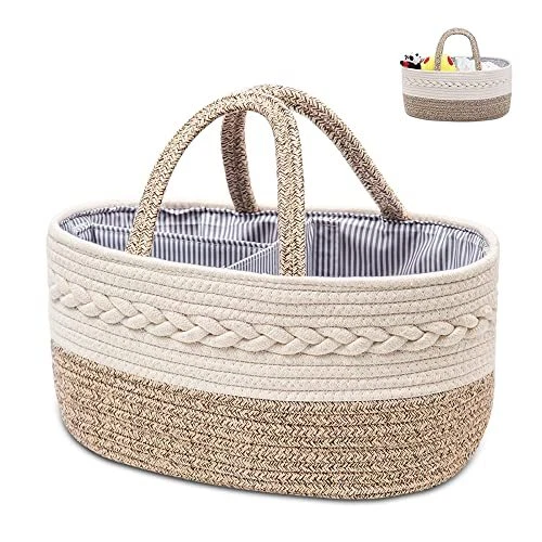 Baby Diaper Caddy Organizer, Woven Rope Cotton Nursery Storage Yellow-S