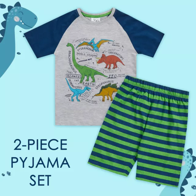 Boys Dinosaur Pyjama Set Cotton Summer PJ's Dino Stripes 3 4 5 6 7 8 9 10 Years