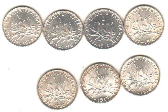 lot de 7 pièces de 1 francs semeuse en argent, 1914 à 1920, SPL à UNC