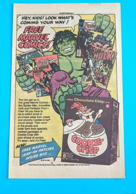 COOKIE-CRISP Cereal The HULK 1984 Print Ad Vintage Marvel Comics