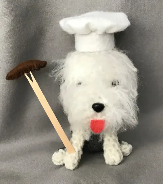Old English Sheepdog  Crochet Dog Wearing A Chef’s Hat/Barbecue Sausage On Fork