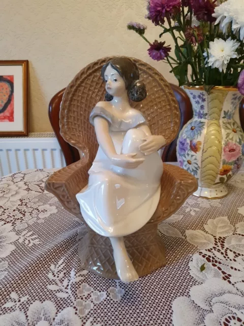 Large Spanish Porcelain Figurine Of Girl Sat In Chair, Vintage