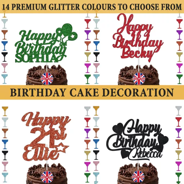 Personalised Happy Birthday Glitter Cake Topper With Any Name & Age Cake Decor