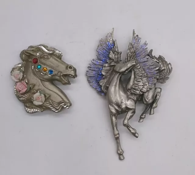 Vintage Signed JJ Pegasus and Signed Fable Horse Brooch Pin Pewter