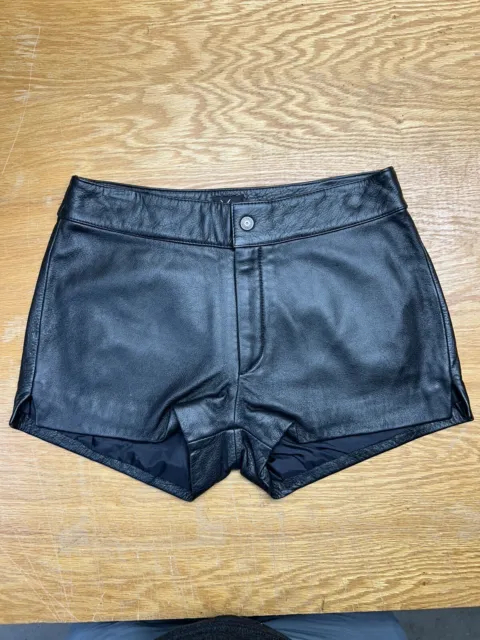 Vintage Womens Biker Leather Shorts Button Zipper 10 Black Lined Wilsons Maxima