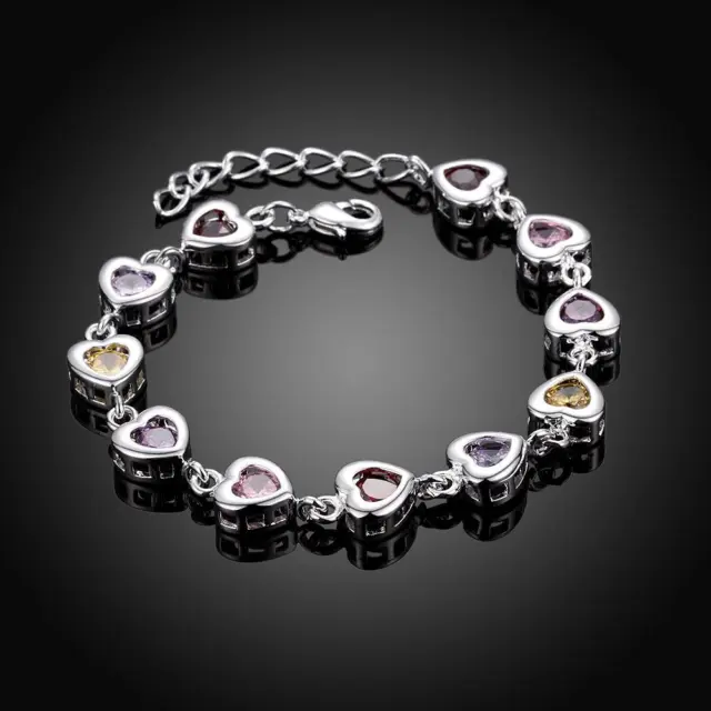 Womens Multicolor Crystal Bracelet 925 Sterling Silver Heart Bracelet Bangles