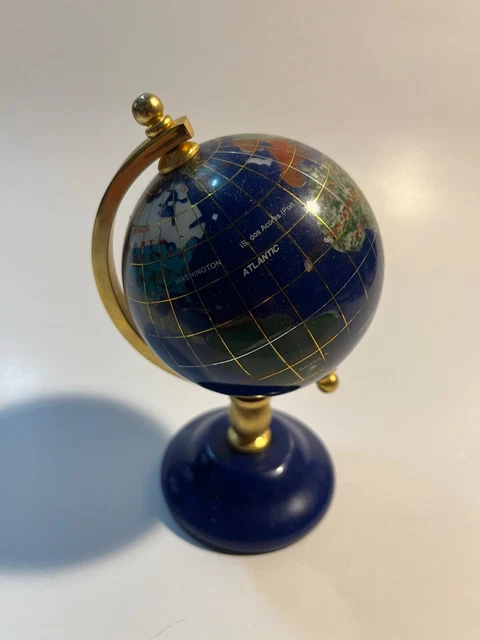 Piedra Gema Semi Preciosa Pequeño Globo Mundial Lapis Globo Globo Y Oro Base Metal 6"" T