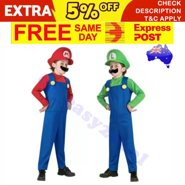 Kids Super Mario Brothers Luigi Fancy Dress Boys Girls Halloween Party Costume