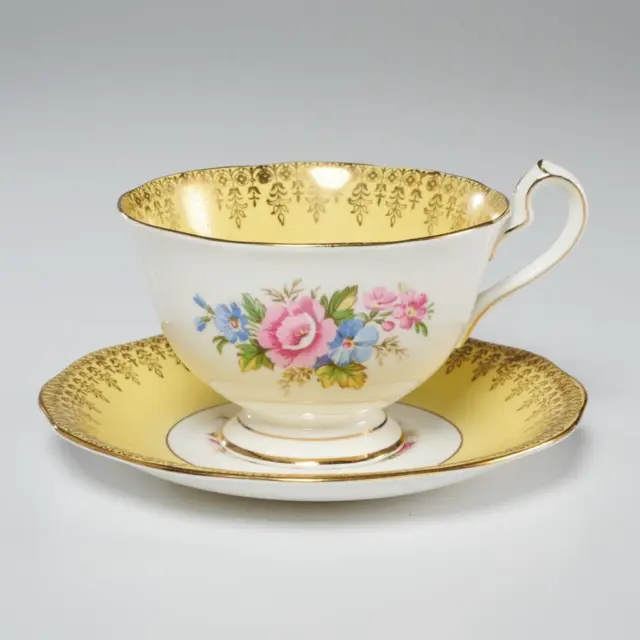 Vtg Queen Anne Yellow and Gold Floral Fine Bone China Teacup and Saucer England