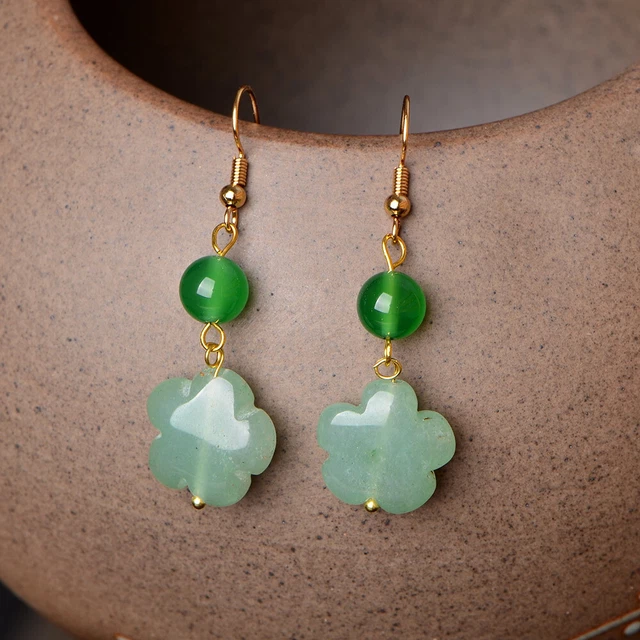 Green Jade Flower Earrings Jadeite 925 Silver Chalcedony Natural Jewelry Women