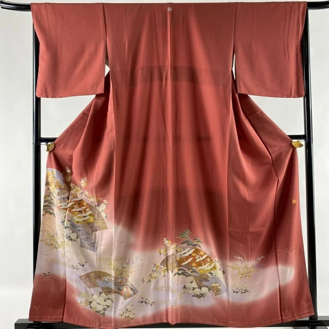 Woman Japanese Kimono Iro-Tomesode Silk Crest Crane Gold Silver Foil DarkPink