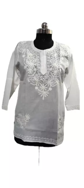 Floral Embroidery Short Tops Women, Lucknowi Chikankari Short Women Cotton Kurti