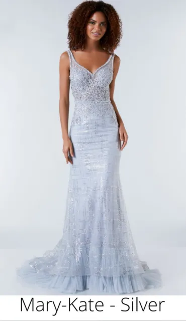 Tiffanys Mary Kate silver size 8 Evening Dress Prom Fishtail Style  BNWT