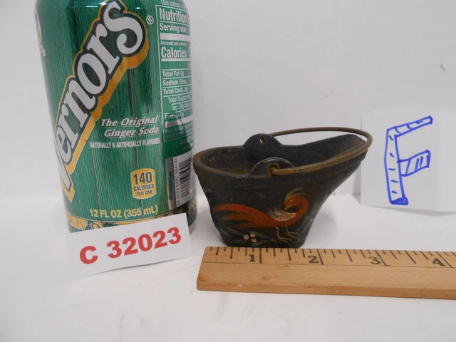 Vintage Mini 3" Cast Iron Match Holder Ash Coal Bucket w/ Painted Peacock