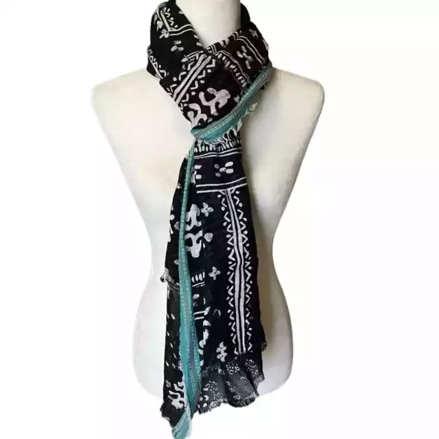 Black & White Dabu Floral Mixed Print Scarf/Shawl with Teal Green Fringed Border