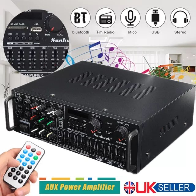 Digital Bluetooth Audio HiFi Stereo Power Amplifier Home USB FM SD AUX MP3 UK