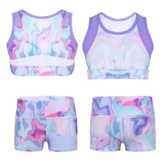 Girls Sport Dance Outfit Crop Top+Shorts Ballet Dancewear Gymnastics Clothes Set