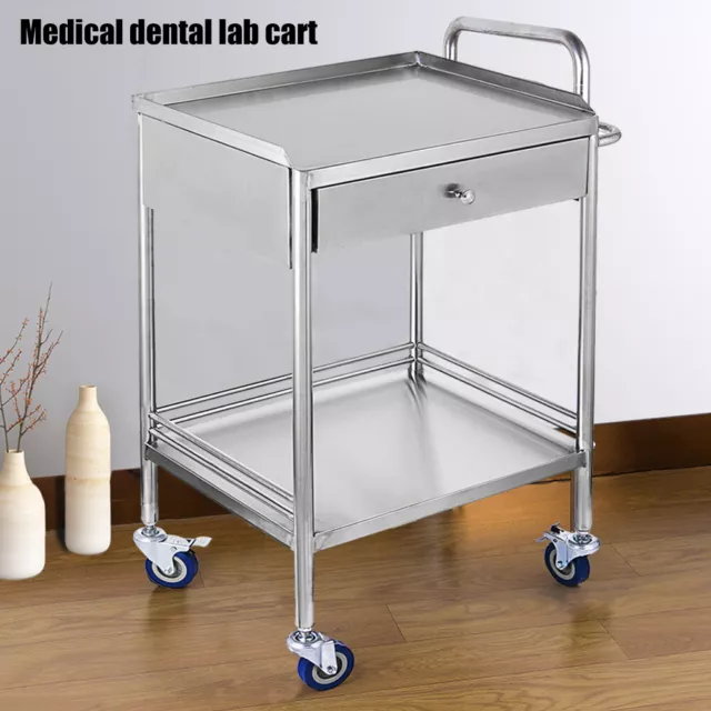 Hospital Clinic Medical Dental Lab Cart Two Layer Drawer Trolley Stainless Steel