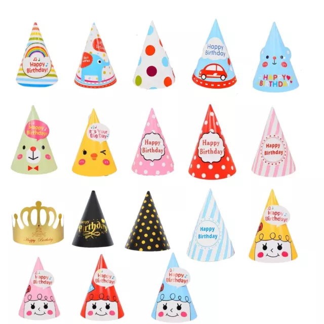 10 Multicoloured Paper Party Hats Patterned Cone Hat Birthday Dress Up Kids Fun