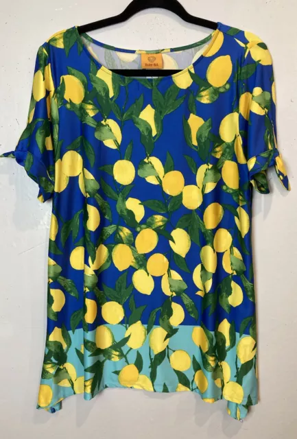 Ruby Rd. Blue Bright Yellow Lemon Print Top Size L Pullover Lightweight Stretch