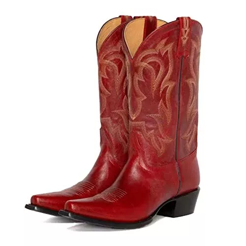 Yolkomo Cowboy Boots for Women Red Distressed Cowgirl Boots Wide Width Pull-O...
