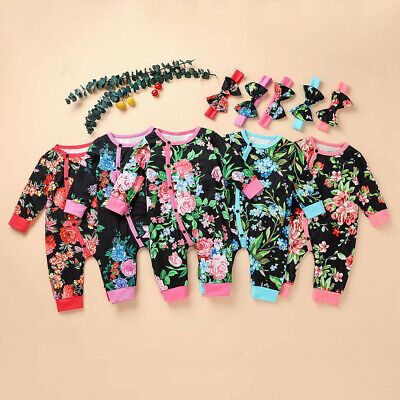 Infant Baby Boys Girls Long Sleeve Floral Print Ruffles Romper Jumpsuit Clothes