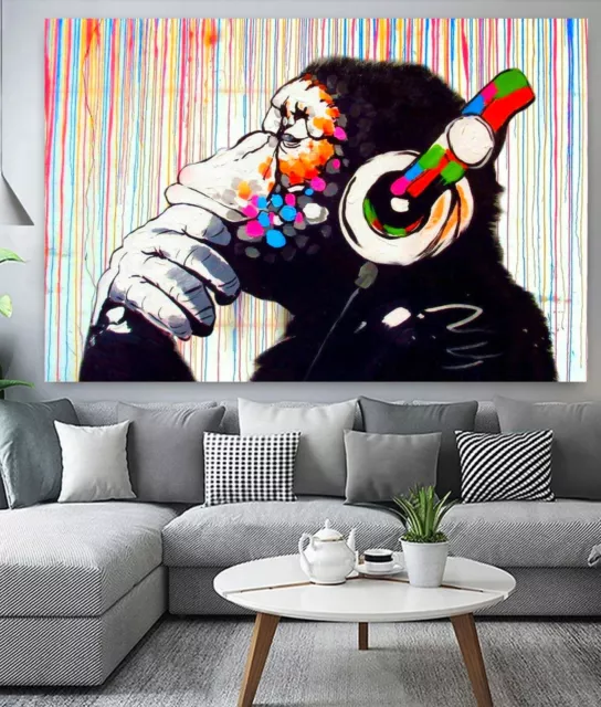 Banksy DJ Monkey headphones Rainbow Printed Framed Canvas Wall Art or Poster