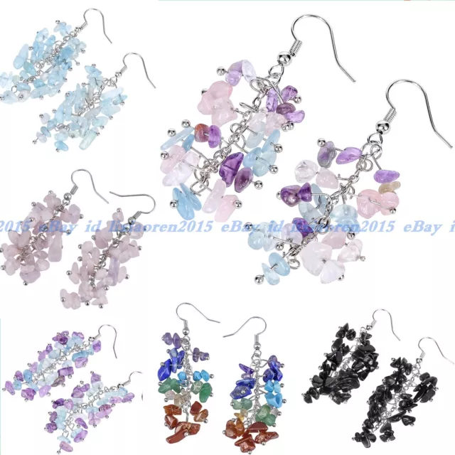 Natural Multiple Gemstone Chip Gravel Beads Grape Dangle Hook Earrings AAA