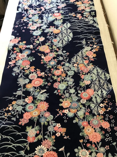 @@ Vintage Japanese kimono silk fabric / midnight blue base, smooth crepe Q12