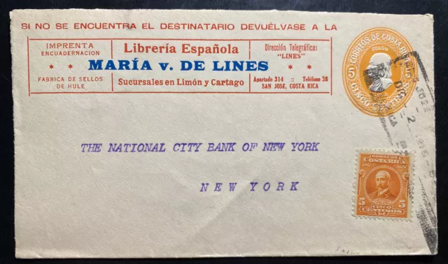 1918 Costa Rica Advertising Postal Stationery Cover To Bank New York USA