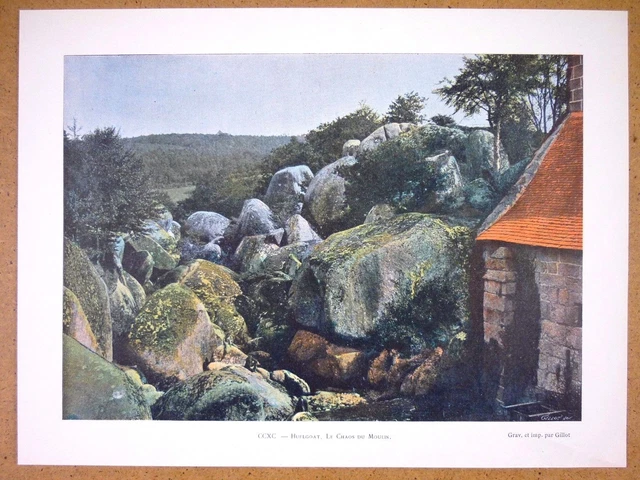 HUELGOAT le Chaos du Moulin - Photochromie fin 19ème gravure  Finistère Bretagne