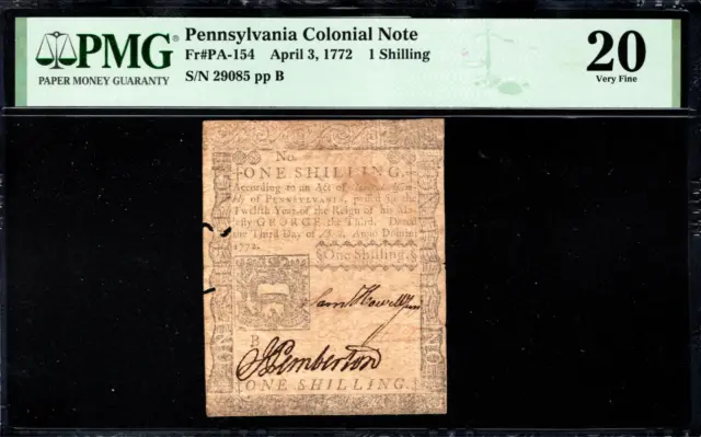 Pennsylvania Colonial Note Fr#PA-154 April 3, 1772 1 Shilling PMG 20