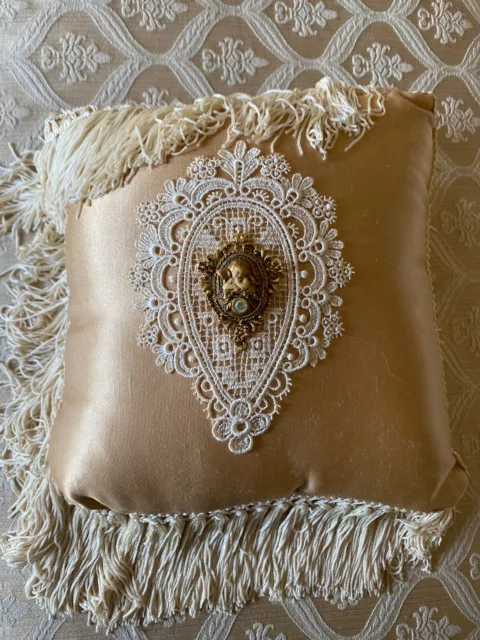Vintage Style Light Coffee Colour Satin Cushion With Long Cream Fringe & Brooch
