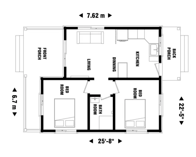Custom Tiny Modern House Plans 522 sq.ft - 2 Bed & 1 Bath Room with CAD File