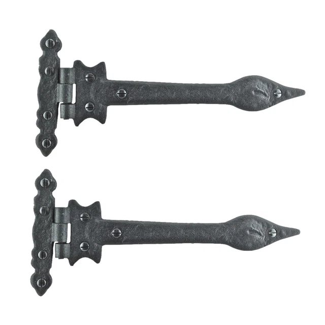 2 Pcs Black Door Strap Hinge 9" L Wrought Iron Spear Tip Renovators Supply