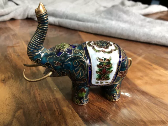 Hand Painted Indian Blue Enamel Metal Elephant Statue Figurine