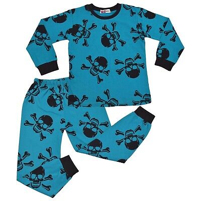 Kids Girls BoysTurquoise Skull n Bones Pyjamas PJs 2 Piece Cotton Set Nightwear