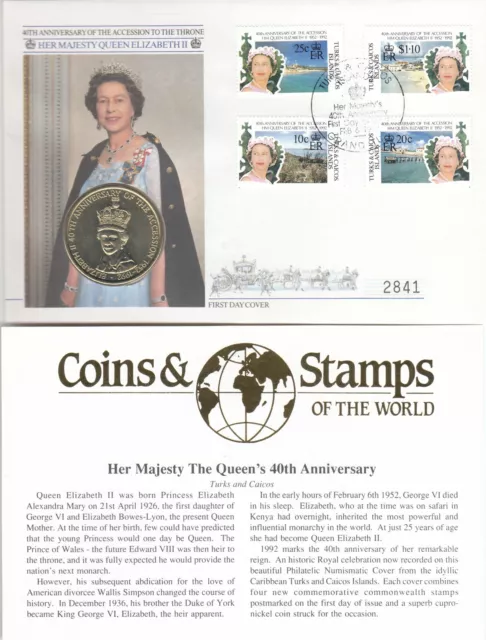 (134992) Reina Isabel II Adhesión 5 CORONAS Turcas y Caicos FDC 1992