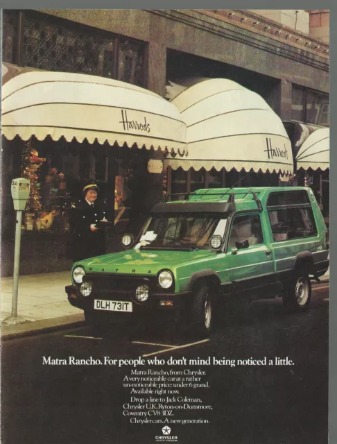 1979 MATRA RANCHO advertisement, parked at Harrods, British advert, Chrysler UK