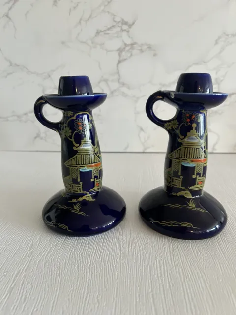 BURSLEY WARE Crown Pottery Cobalt Blue Glaze Chinese Pattern Pair Candlesticks