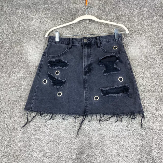 FOREVER 21 A-Line Denim Mini Skirt Women's 26 Black Frayed Grommet Distressed