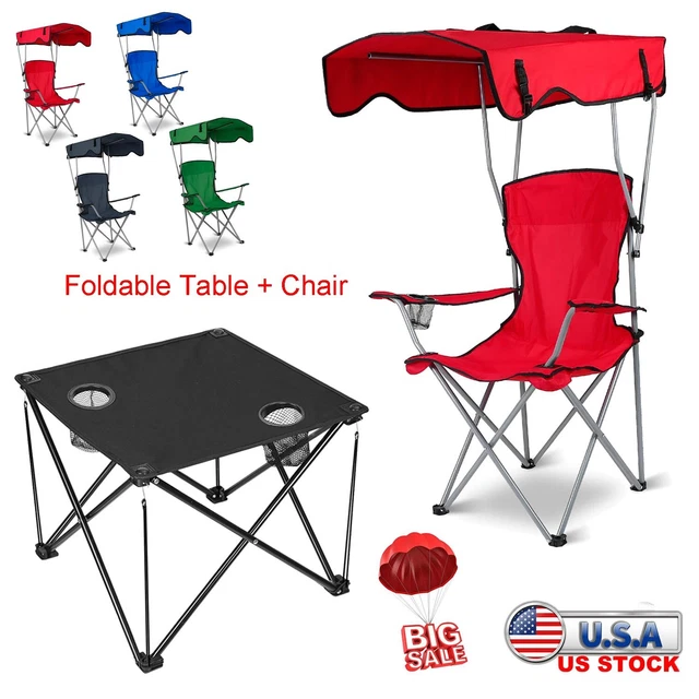 FOLDING CAMPING TABLE & Chair Set W/Canopy Shade Cup Holder Outdoor