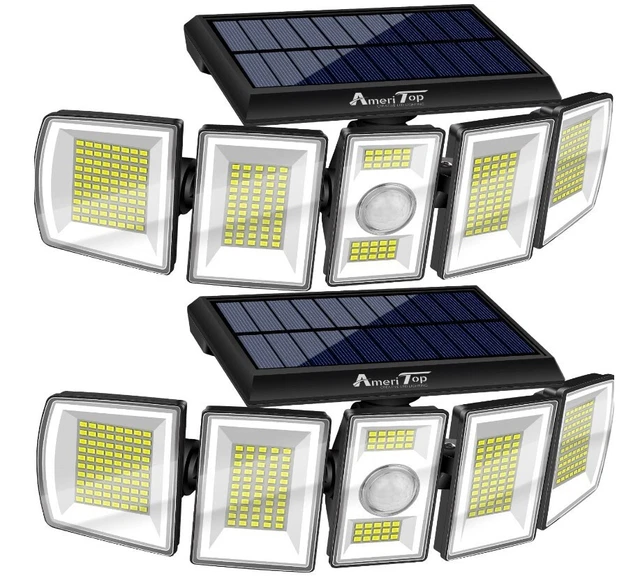 Solar Lights Outdoor 300 LED 7000K Motion Sensor Lights Cordless; 5 Adjust Heads