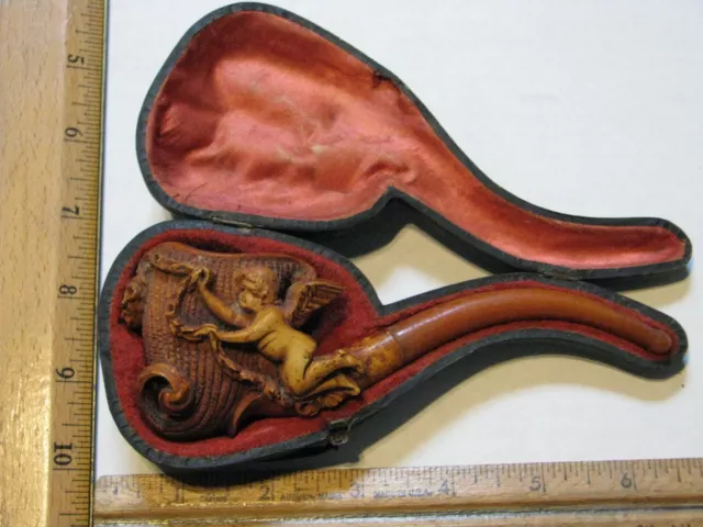 ANTIQUE HAND CARVED MEERSCHAUM SMOKING PIPE FIGURAL CHERUB BASKET AWESOME w/Case