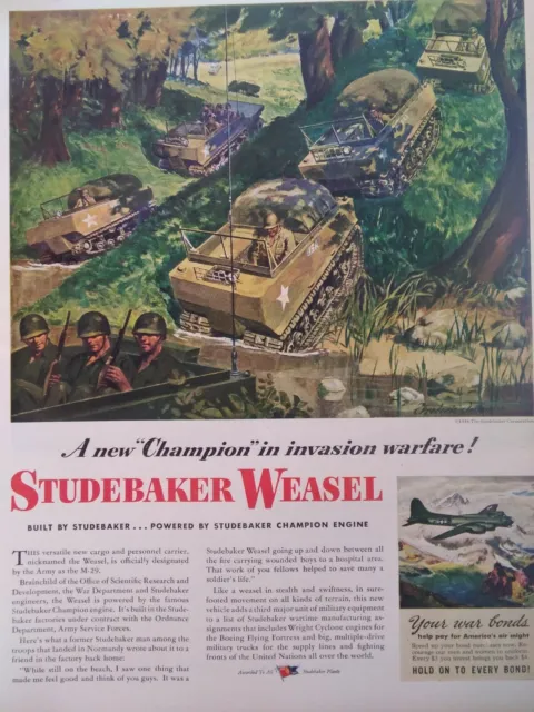 Studebaker Print Ad Original Vtg 1944 WW2 Army Weasel M-29 Kellogg Corn Flakes