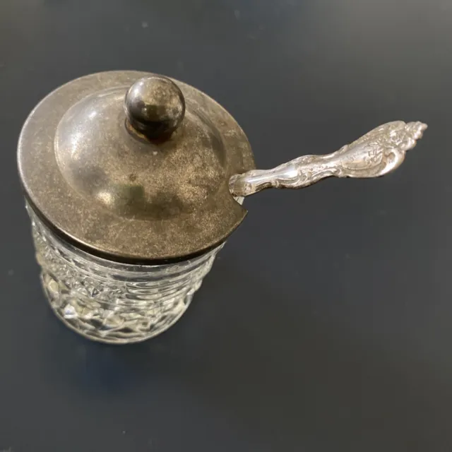 Vtg Glass Condiment Mustard Pot w/Pewter Lid International Silver Plated Spoon