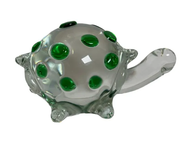 Vtg. Murano Italian Art Glass Turtle Crystal Green Dot Figurine Paperweight
