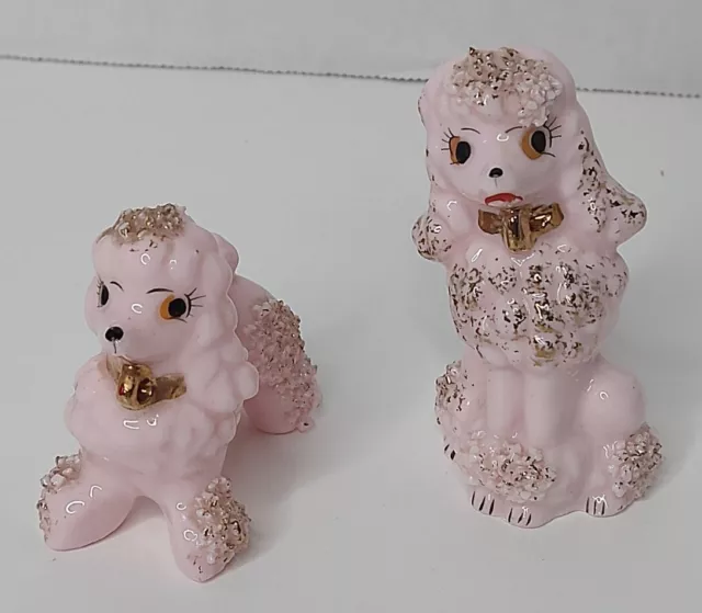 Vtg Spaghetti Poodle Dog Puppy Eyelashes Miniature Figurine Pink Gold Collar Set